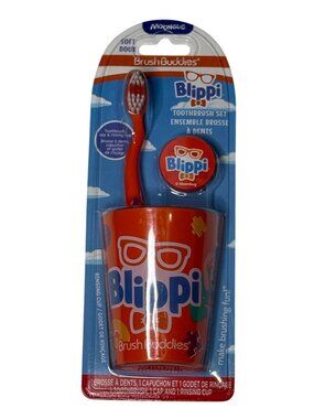 Blippi Kids Toothbrush Set Brush Buddies Soft Bristles Cup Cap New